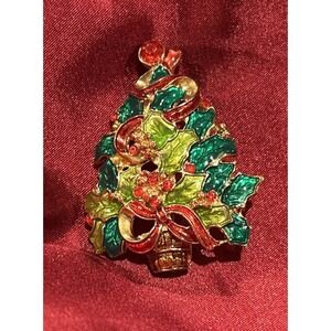 Vintage Christmas Tree Jewels Enameled Rhinestones Holiday Brooch Pin
